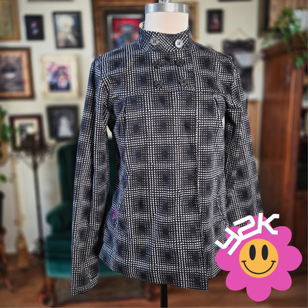 Volcom Balancing Act Jacket Black White Op Art Mod Double Breasted Womens Size M